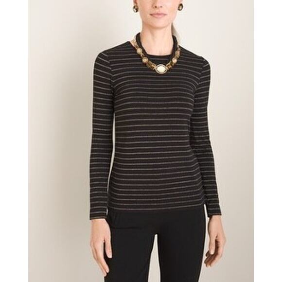 Chico’s | Striped Essential Layer Lurex Top Black & Gold Long Sleeve Stretch Tee - Picture 2 of 10